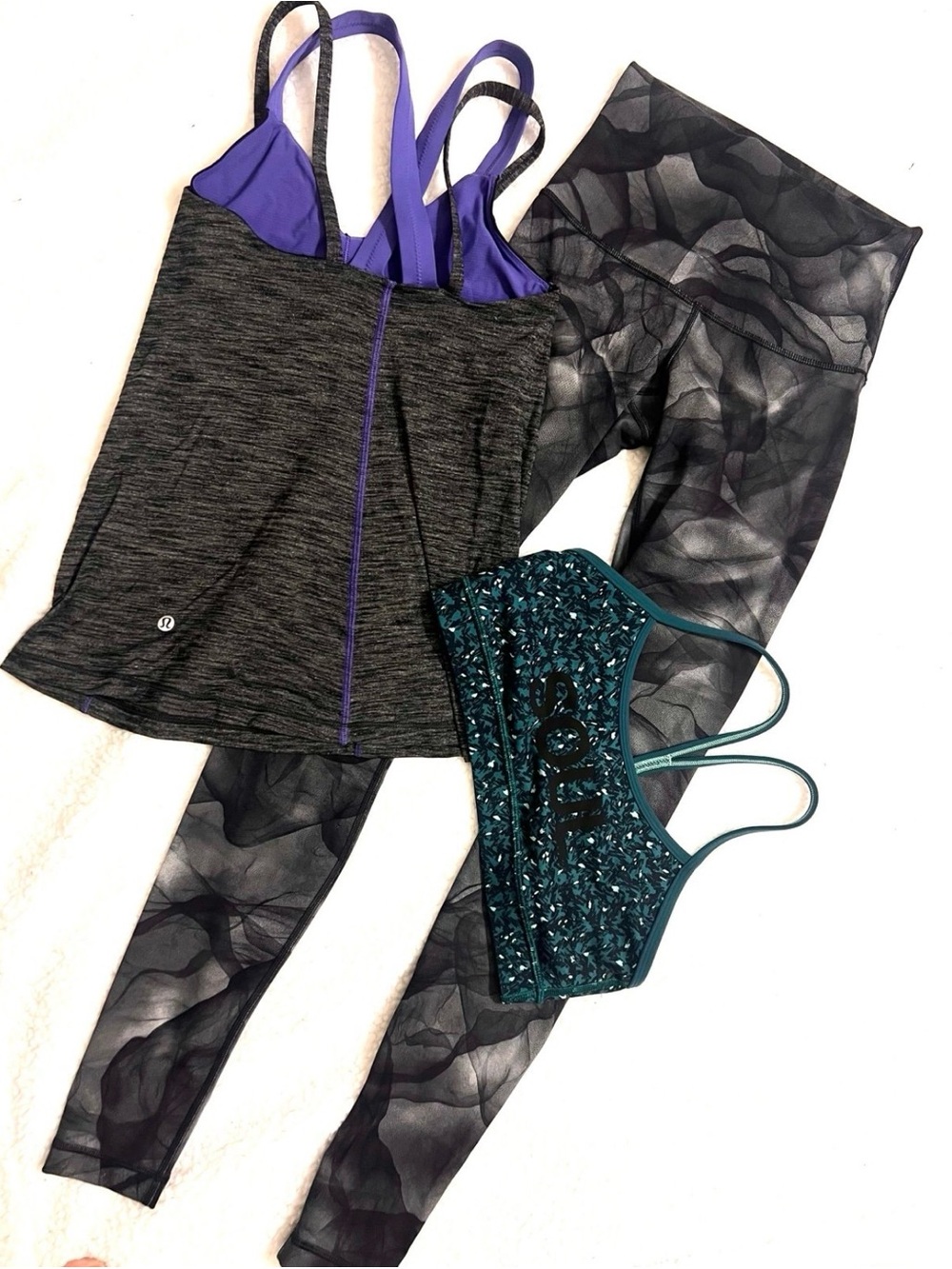 Lululemon Gray Heather & Purple Strappy Tank with Patterned Leggings